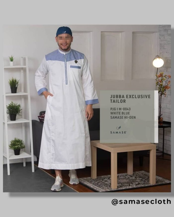Jubah Exclusive Tailor White Blue Samase Hi-Den M0043