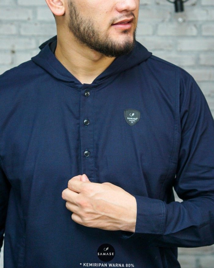 Kurta Hoodie Panjang a05121 Blue Black Cotton Solid